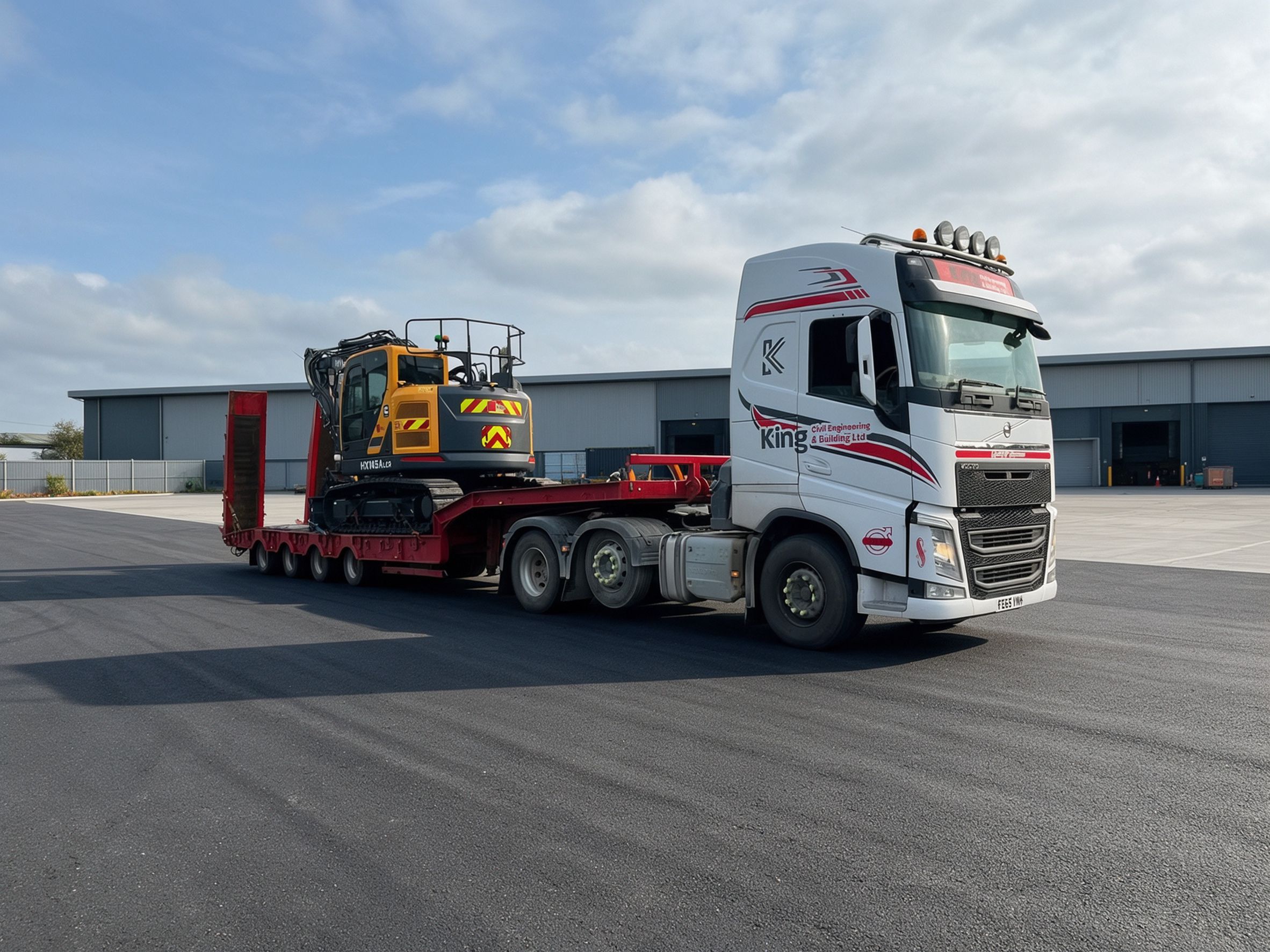 Lowboy truck delivering excavator to site